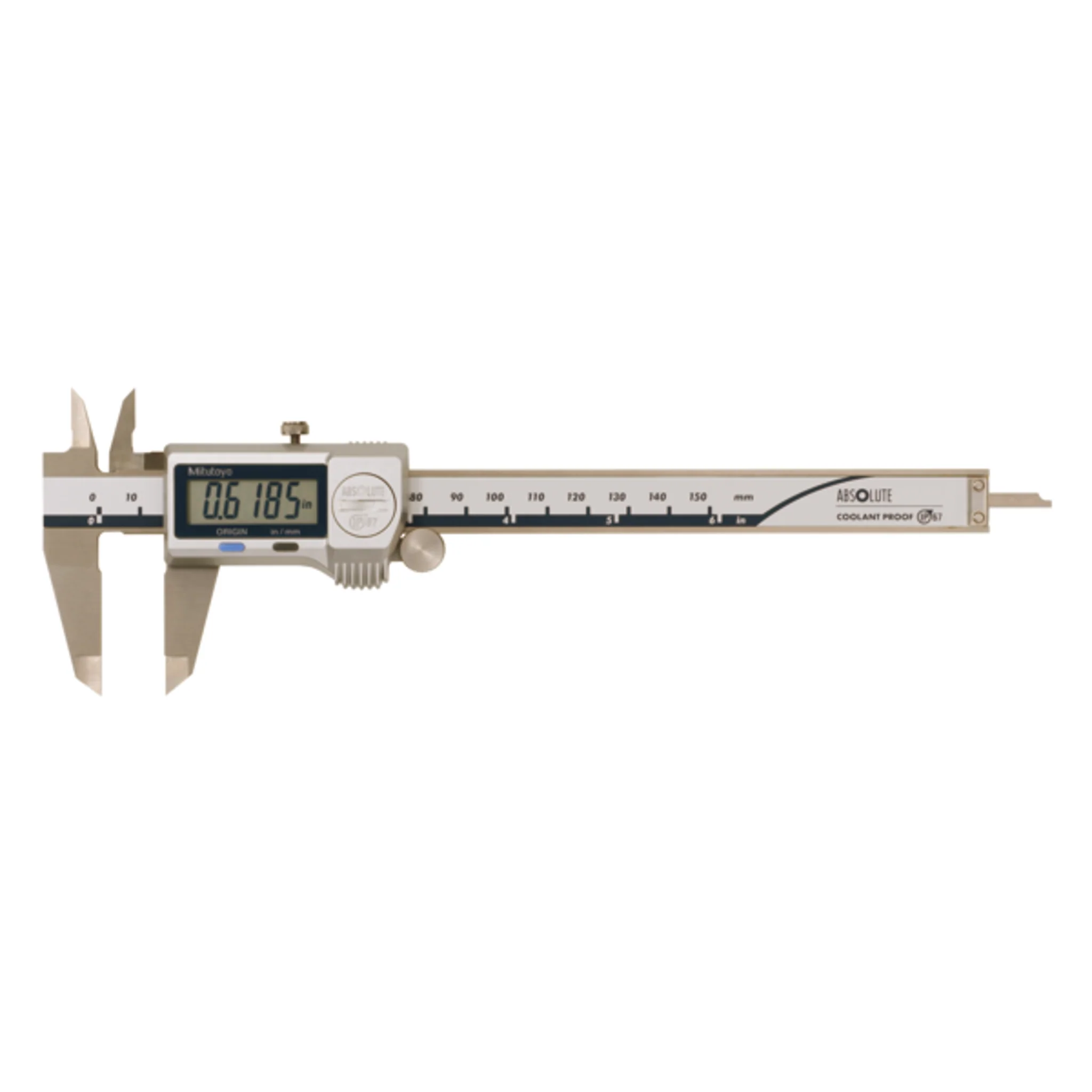 Calibrador ABS digital a prueba de refrigerante IP67 pulg/mm, 0-6 pulg, Rodillo para el pulgar, sin salida de datos