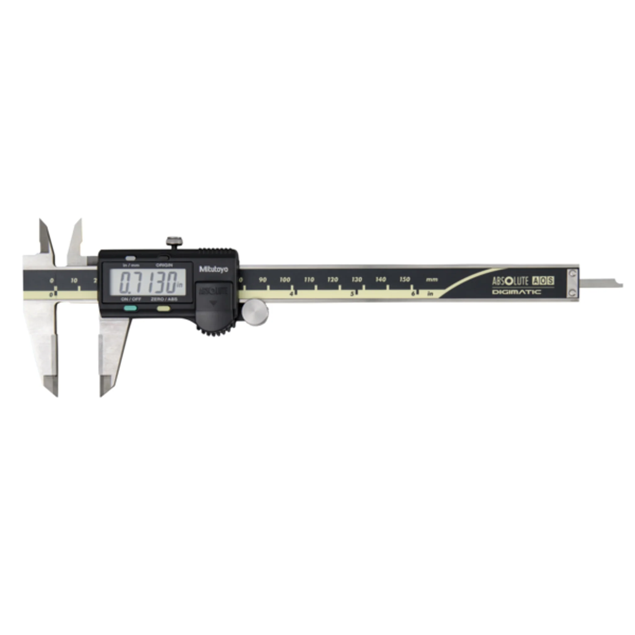 Calibrador digital ABS AOS, puntas de carburo pulg/mm, 0-6 pulg,  Rodillo para pulgar, sin salida de datos
