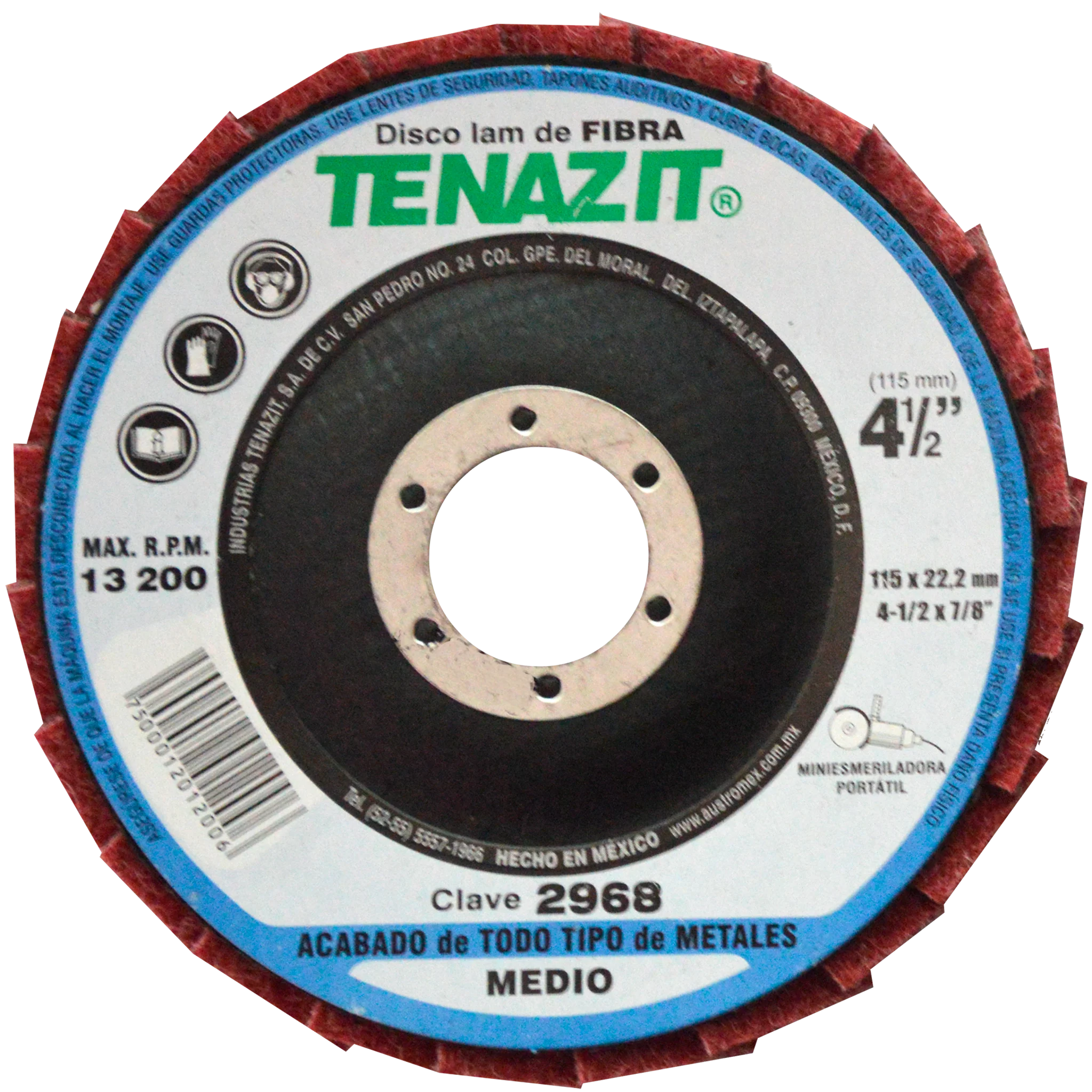 Disco Laminado de Fibra, Diam. 4-1/2pulg, barreno 7/8 pulg, grano Mediano, respaldo