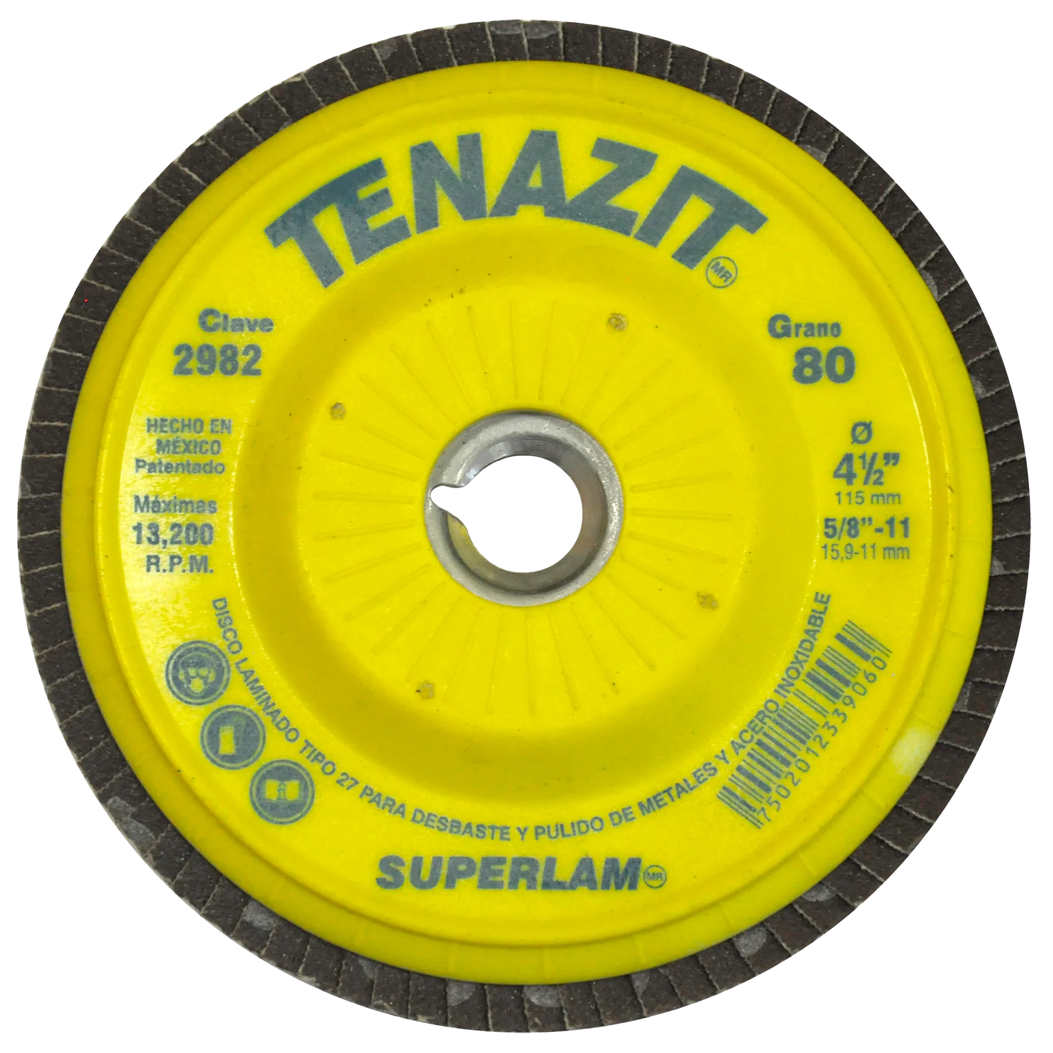 Disco Laminado de Zirconia , Diam. 4-1/2pulg, barreno 5/8-11 pulg, grano 80, respaldo Plástico recortable