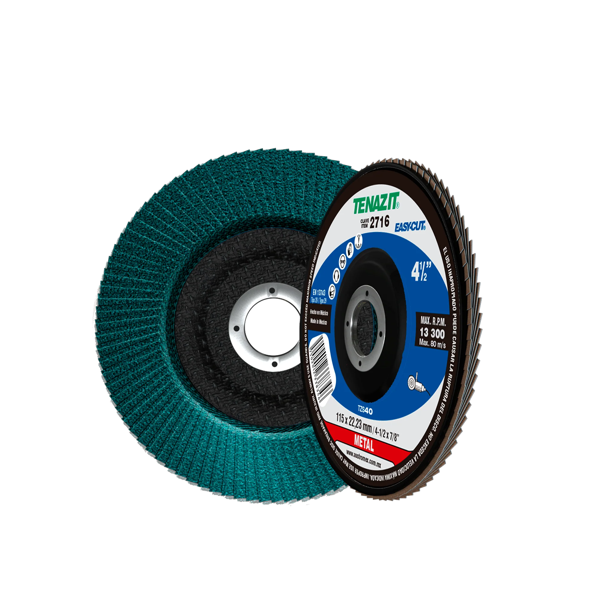 Disco Laminado de Zirconio, Diam. 4-1/2pulg, barreno 7/8 pulg, grano 40, respaldo Fibra de Vidrio