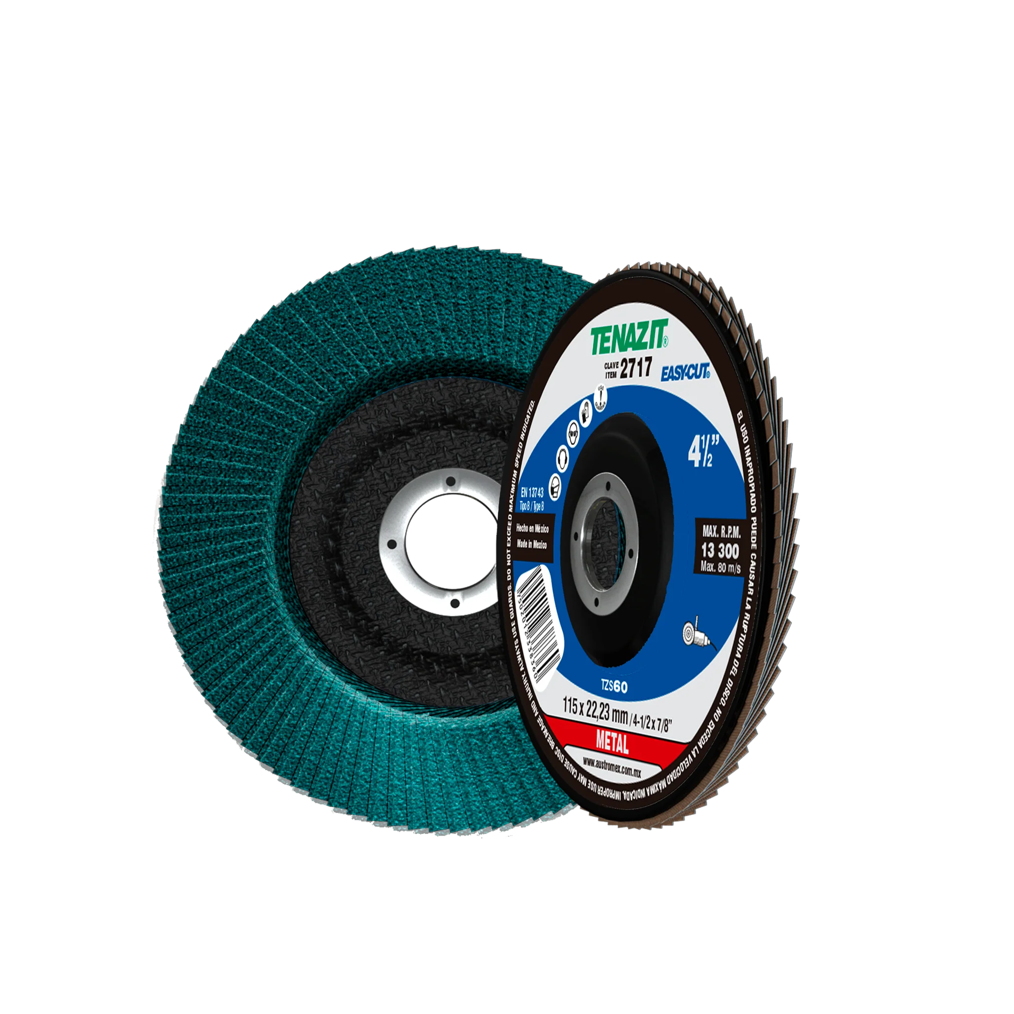 Disco Laminado de Zirconio, Diam. 4-1/2pulg, barreno 7/8 pulg, grano 60, respaldo Fibra de Vidrio