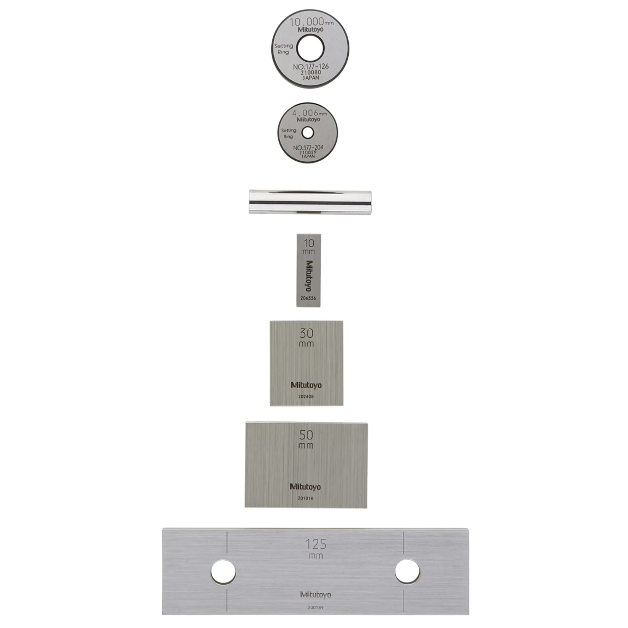 Juego de bloques patrón rectangular, mm, certificado de inspección, ISO, 4 Bloques, Grado 1, Acero, 2 anillos de fijado D=4/10 mm, Perno patrón D=10 mm