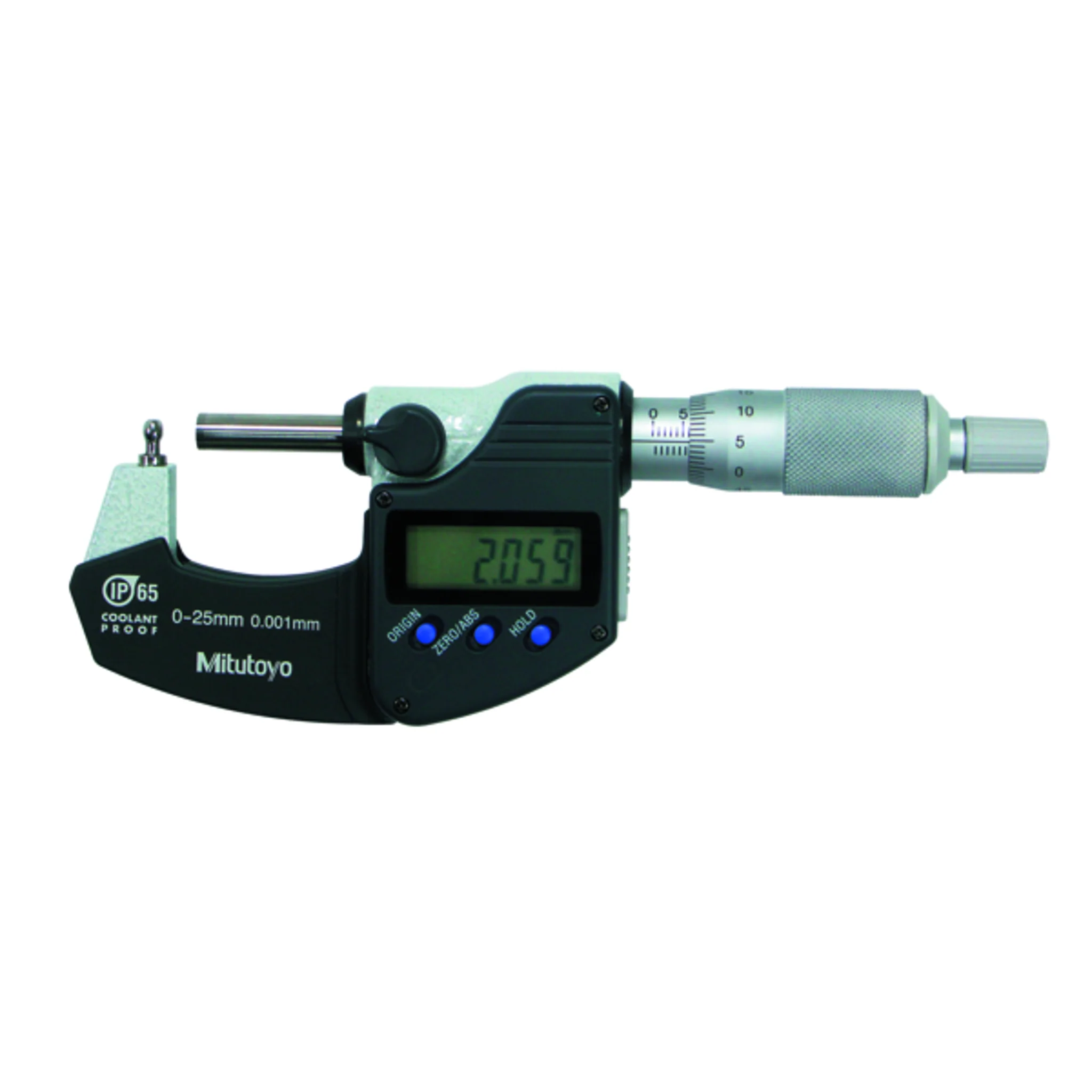 Micrómetro de tubo digital IP65, pulg/mm Husillo plano de tope esférico, 0-1 pulg
